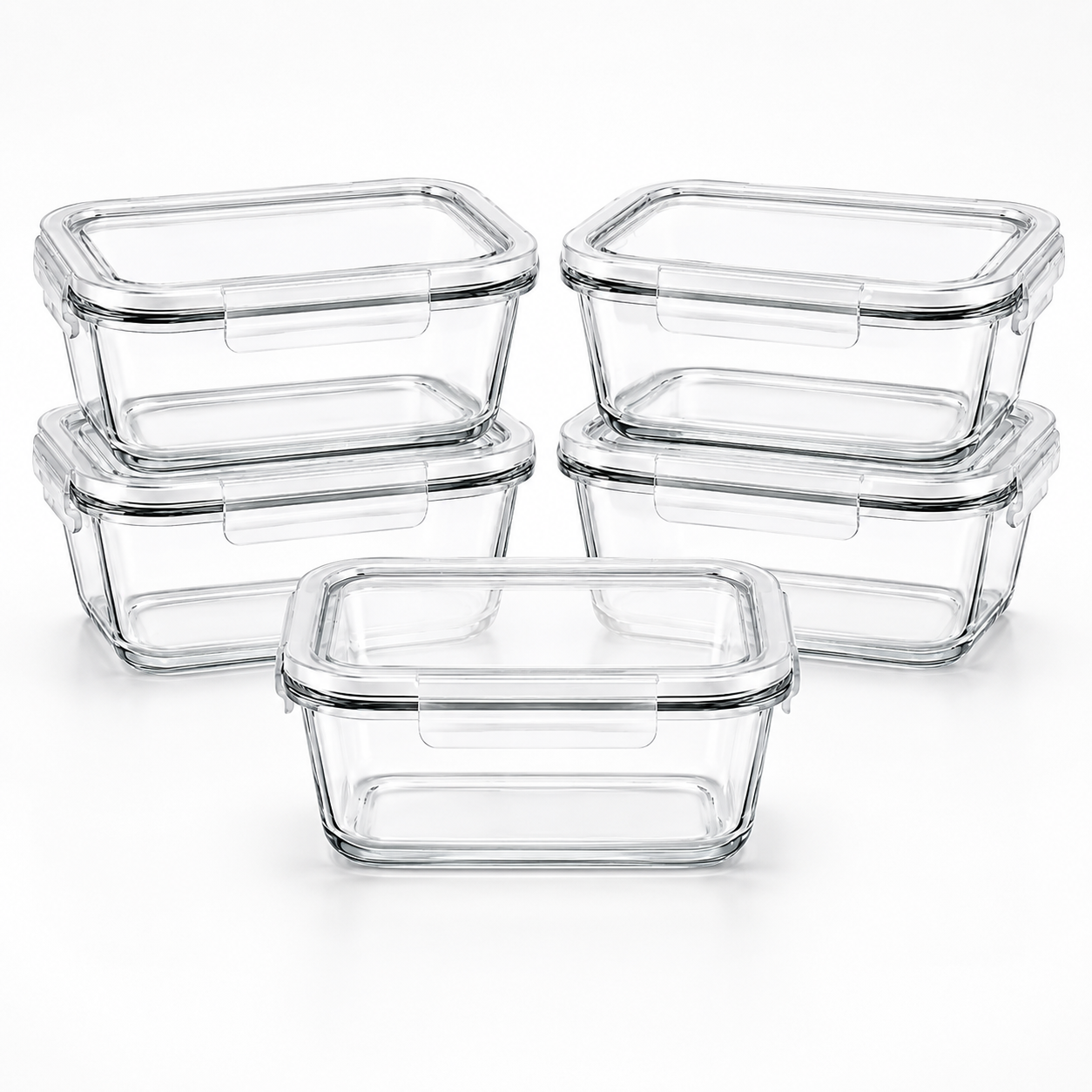 Kit 5 Potes Herméticos Vidro Transparente Retangular 1040ml Marmita Micro-ondas Cozinha