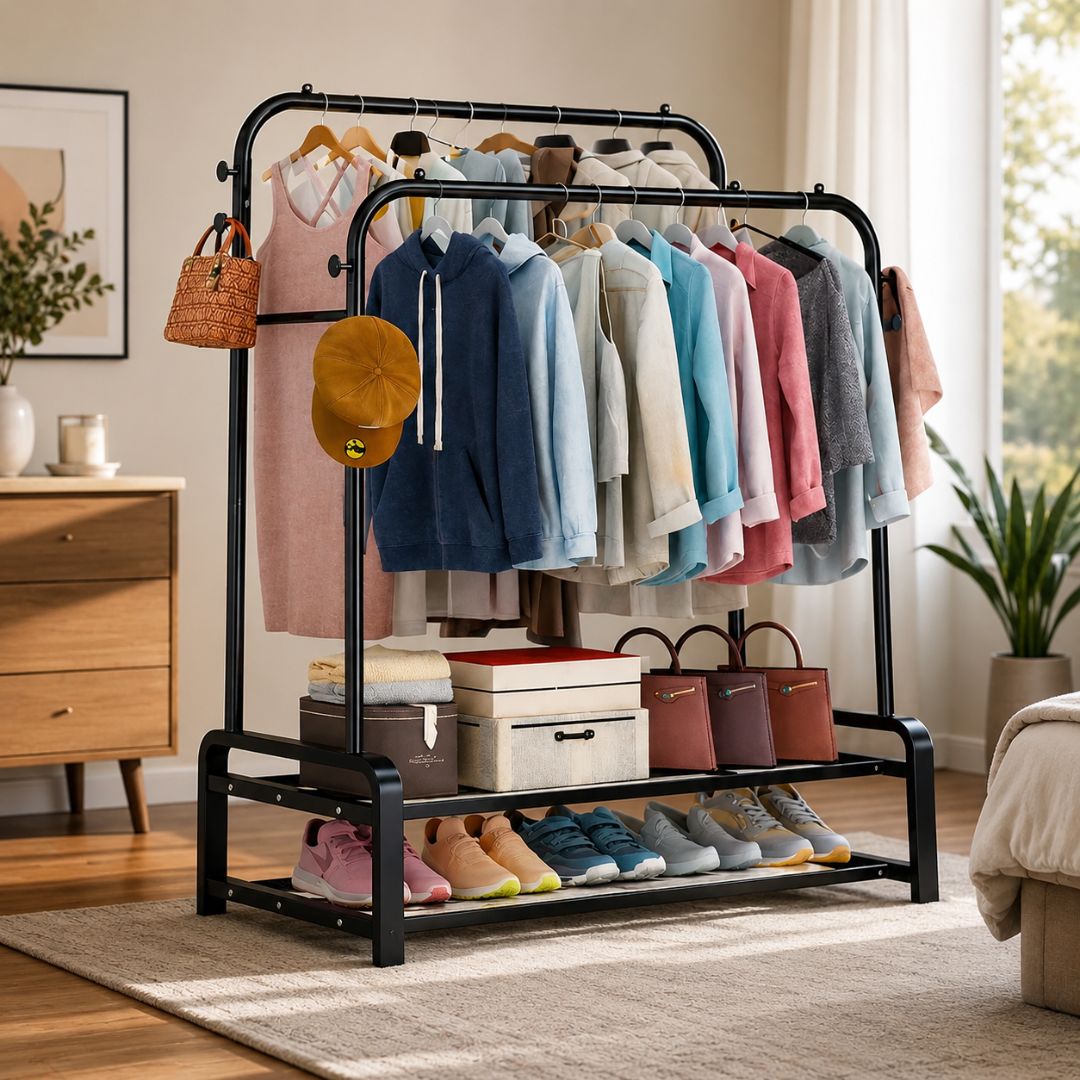 Arara de Roupas Duplo Resistente com Duplo Sapateiro Preto