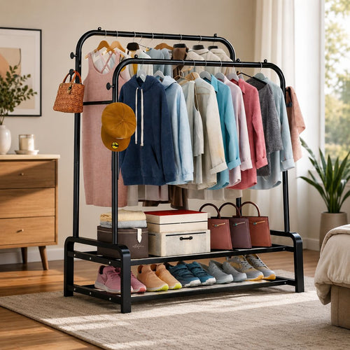 Arara de Roupas Duplo Resistente com Duplo Sapateiro Preto