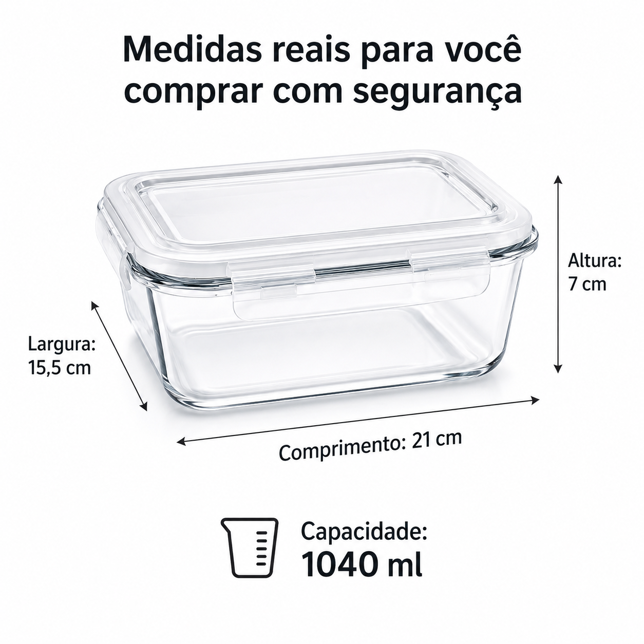 Kit 5 Potes Herméticos Vidro Transparente Retangular 1040ml Marmita Micro-ondas Cozinha