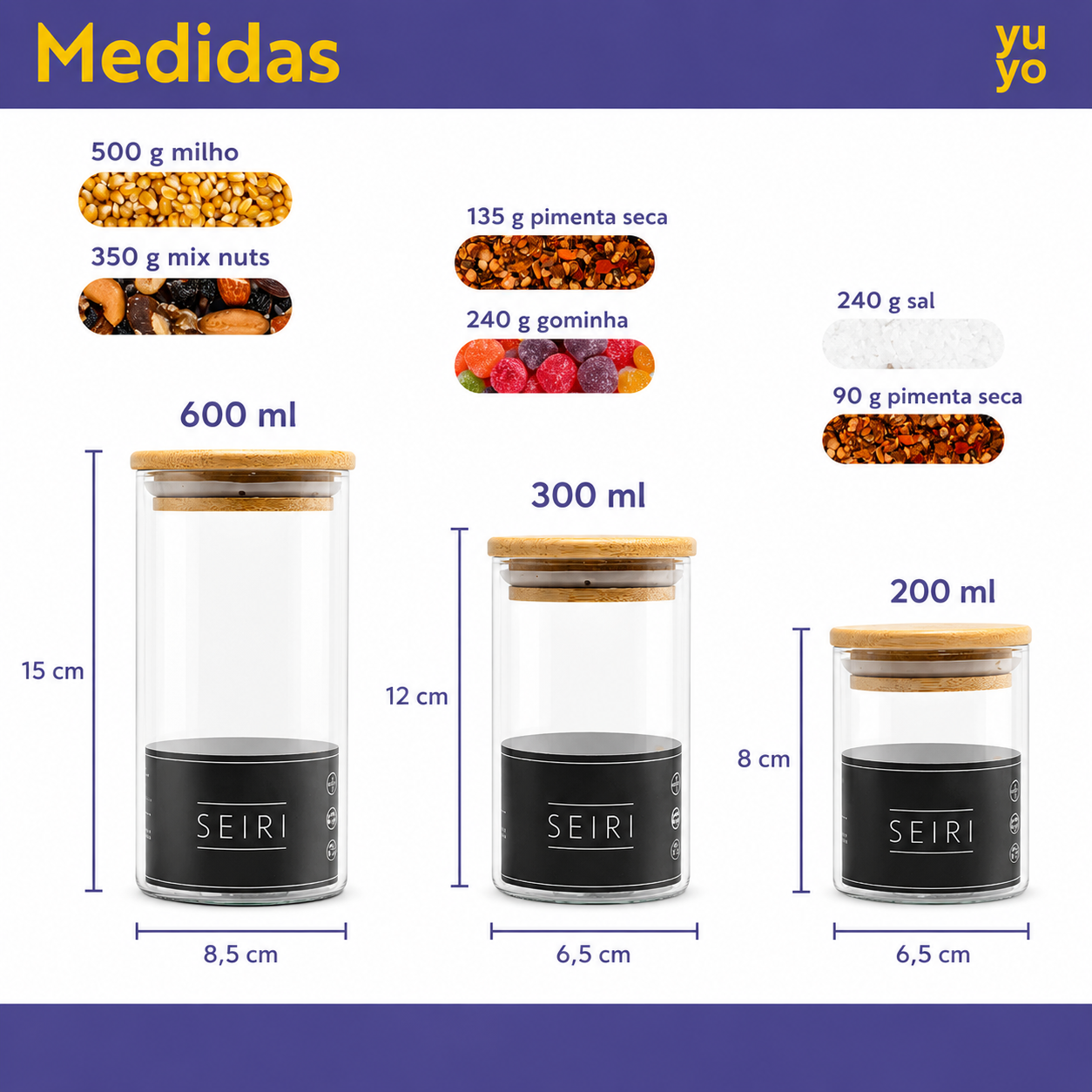 Kit 10 Potes Herméticos Vidro Tampa Bambu Seiri