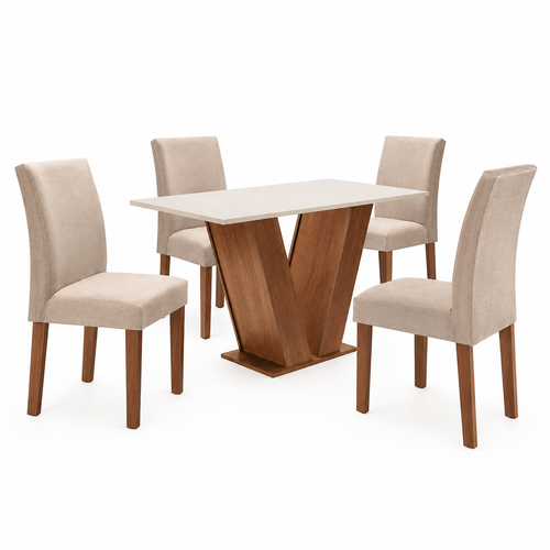 Conjunto Sala de Jantar Mesa Tampo MDF 4 Cadeiras Cor Chocolate/Bege/Branco